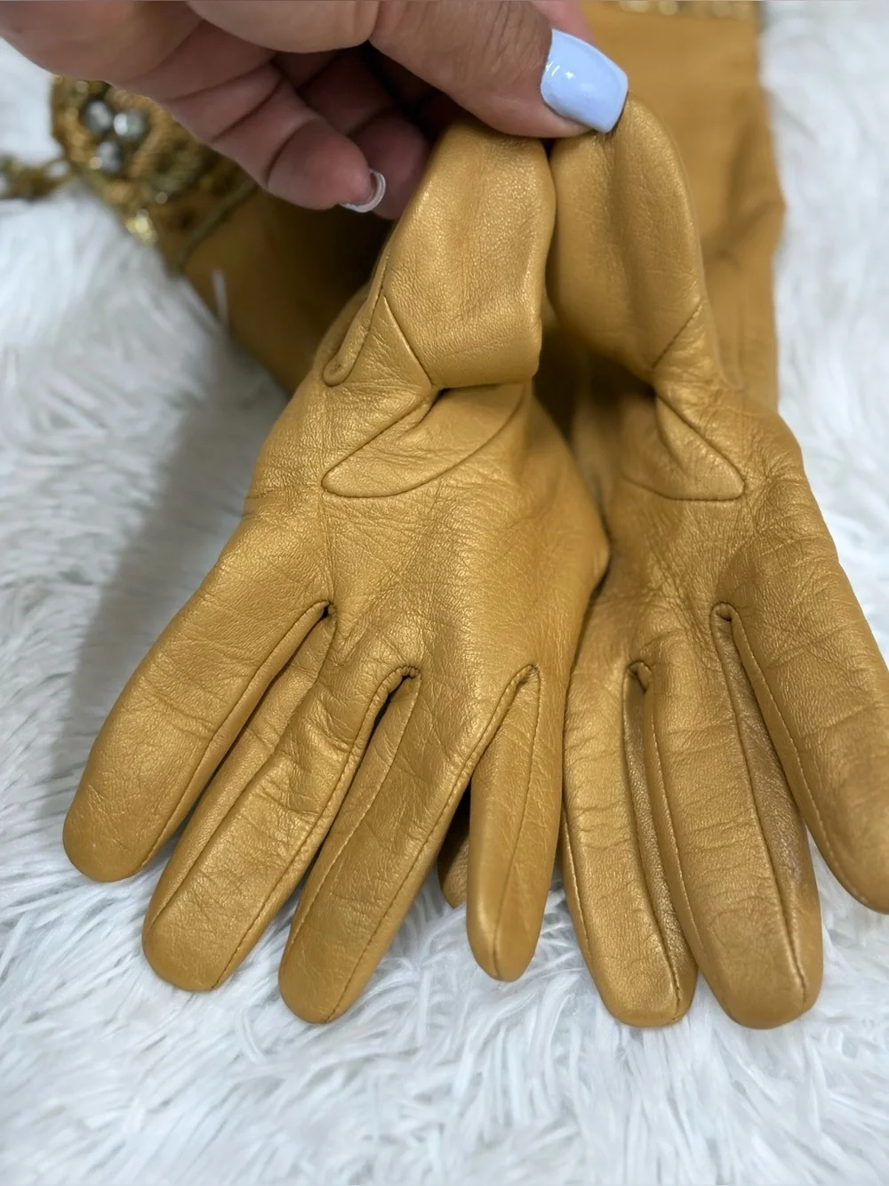 Embellished Tan Leather Women's Gloves